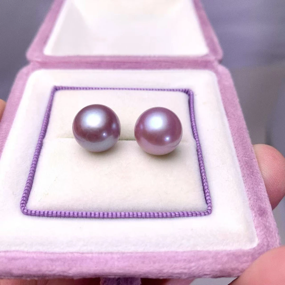 【蜜勺精选天然淡水紫色龙王炫彩11-12MM耳钉5A强光百搭轻奢DM3199