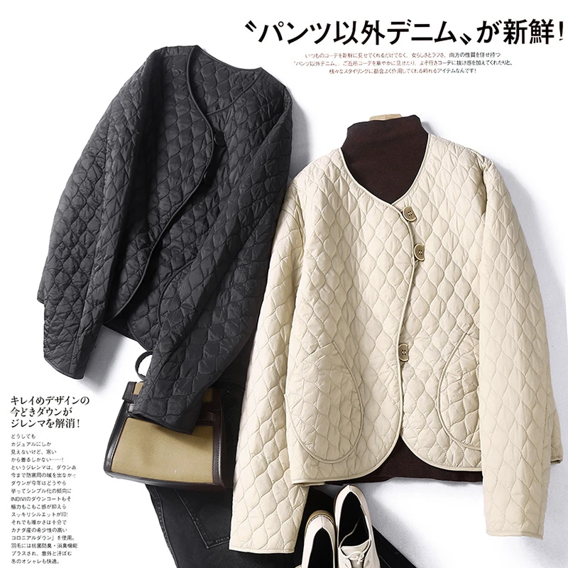 设计感菱格夹棉圆领棉衣女2023冬季新款韩版宽松轻薄保暖棉服女