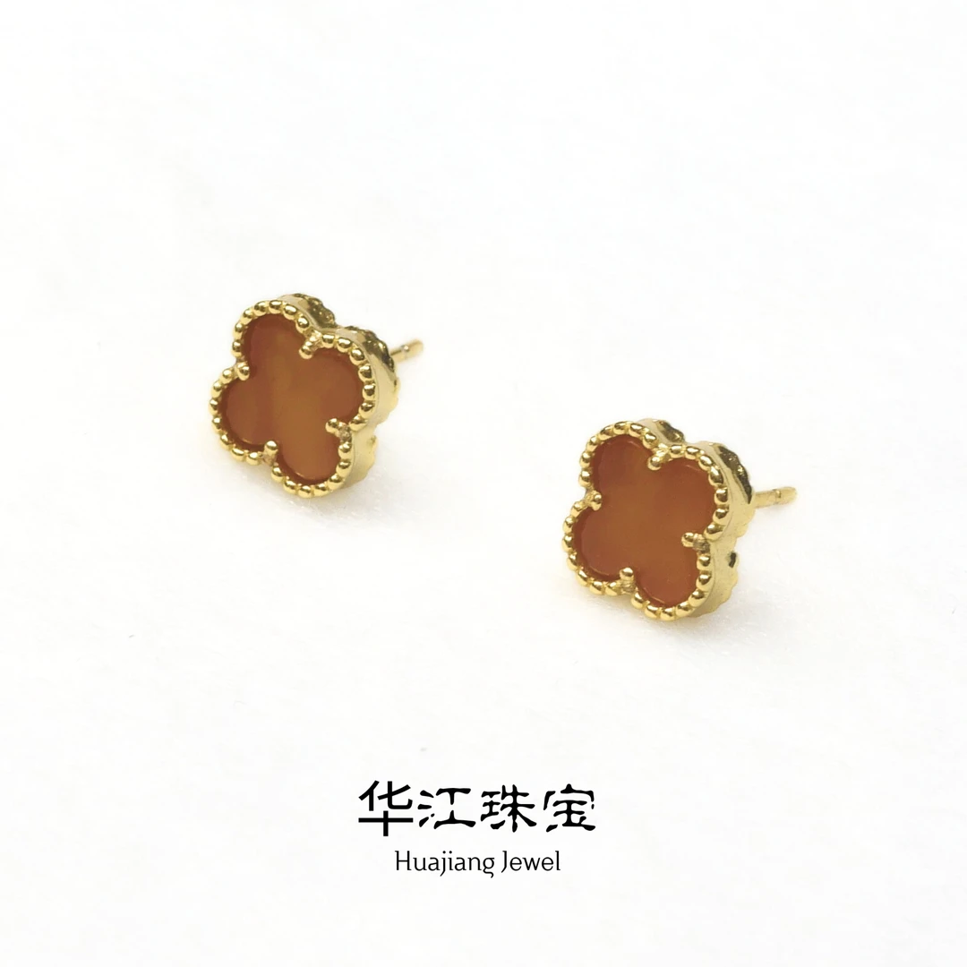 天然俄料蜜蜡S925银四叶草耳钉-D13