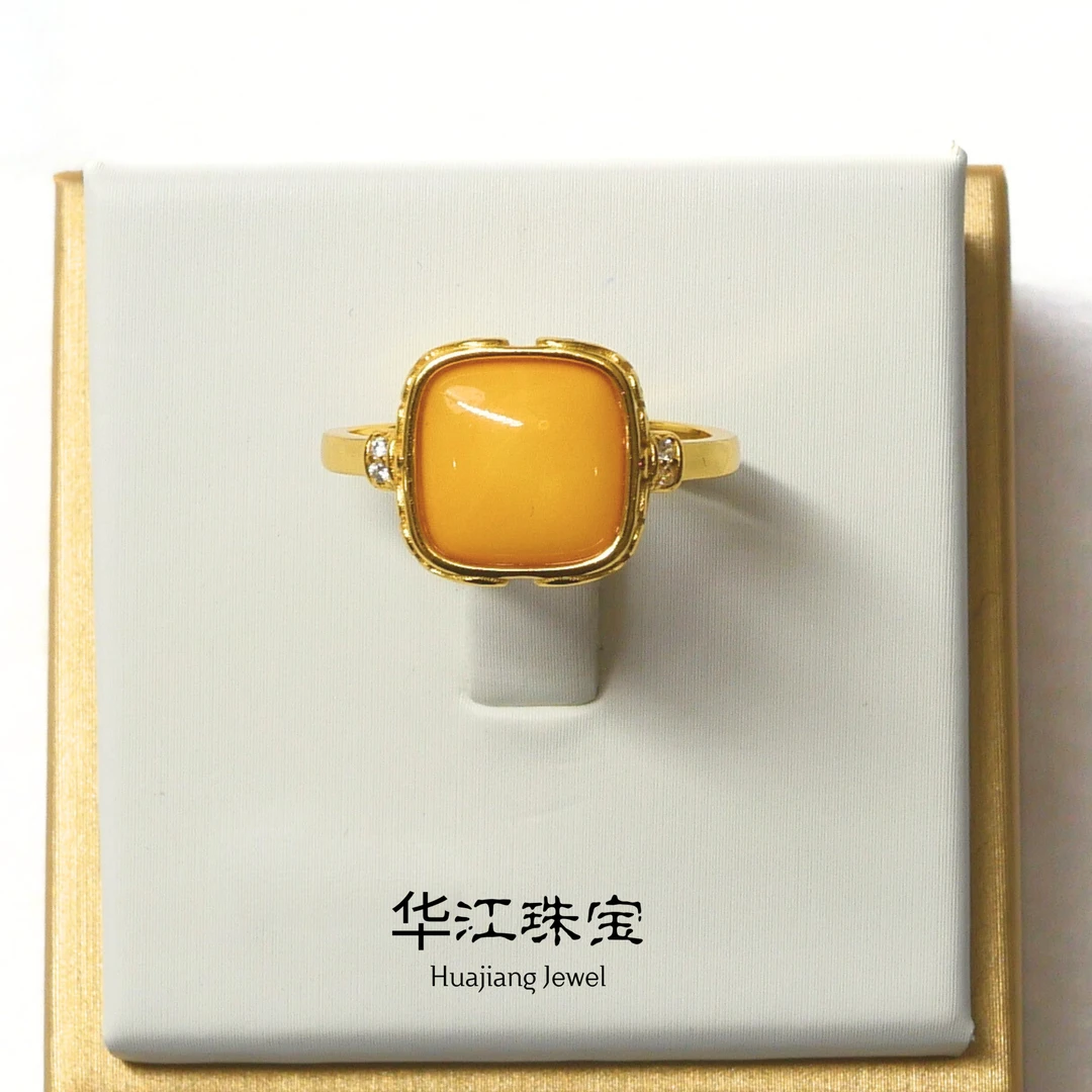 天然俄料蜜蜡S925银方形戒指-T12