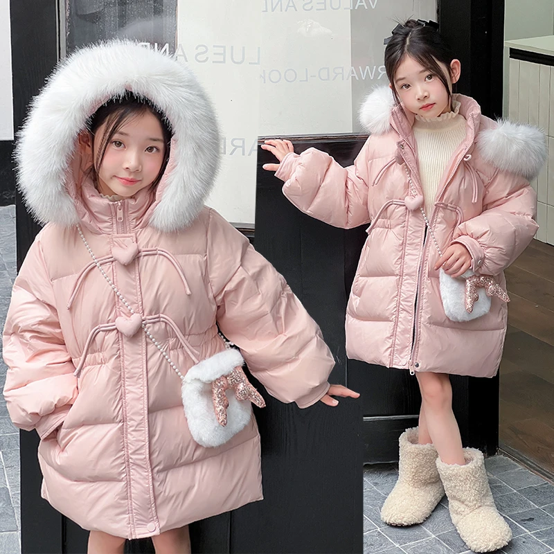 女童羽绒服中长款2025新款儿童保暖甜美公主外套女孩韩版收腰上衣