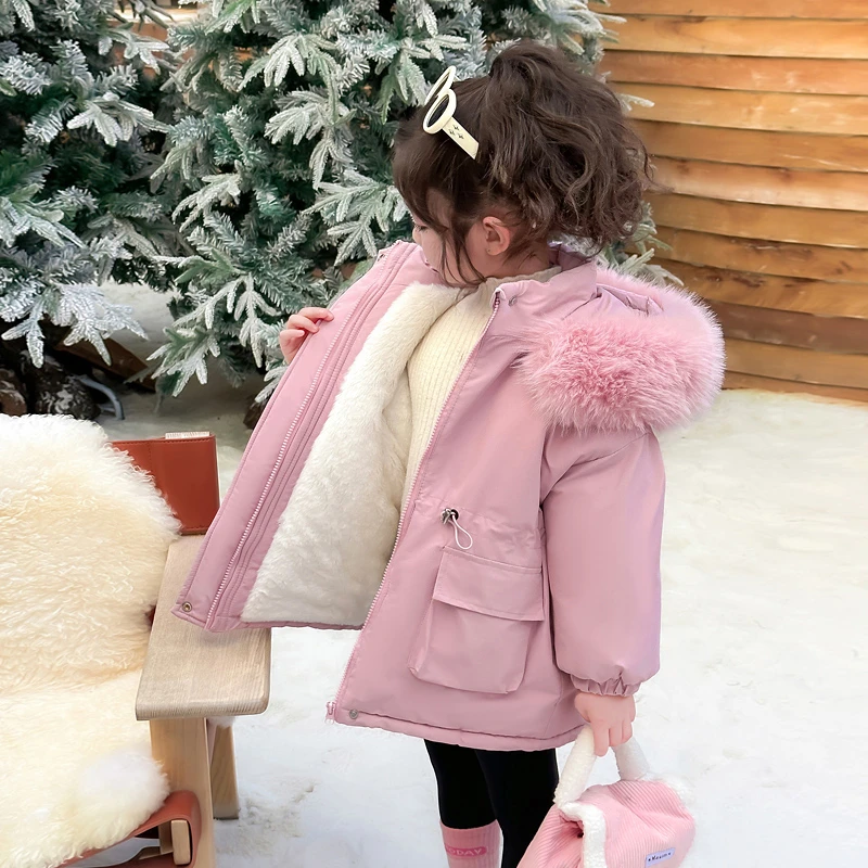 女童冬季加绒保暖棉服2024新款儿童洋气中长款派克服外套宝宝棉衣