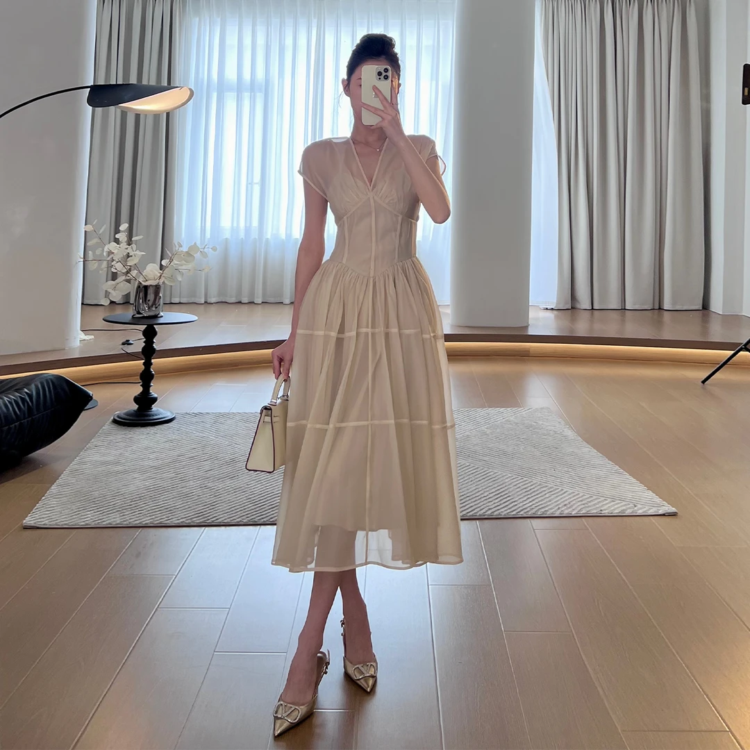 现货【玉芙花影】连衣裙夏收腰V领高端精致茶歇裙LZ0026