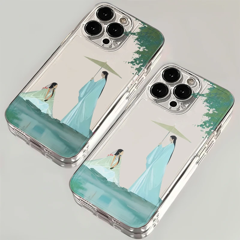 雨中撑伞iphone15苹果14promax手机壳透明软华为vivo小米oppo荣耀