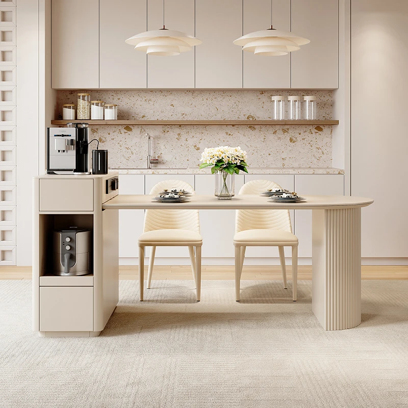 奶油风岩板半圆极简餐桌一体家用可伸缩法式轻奢高级中岛台小户型