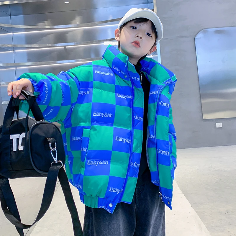 男童短款炸街格子羽绒服2022新款儿童加厚冬装男孩冬K234YRF3708