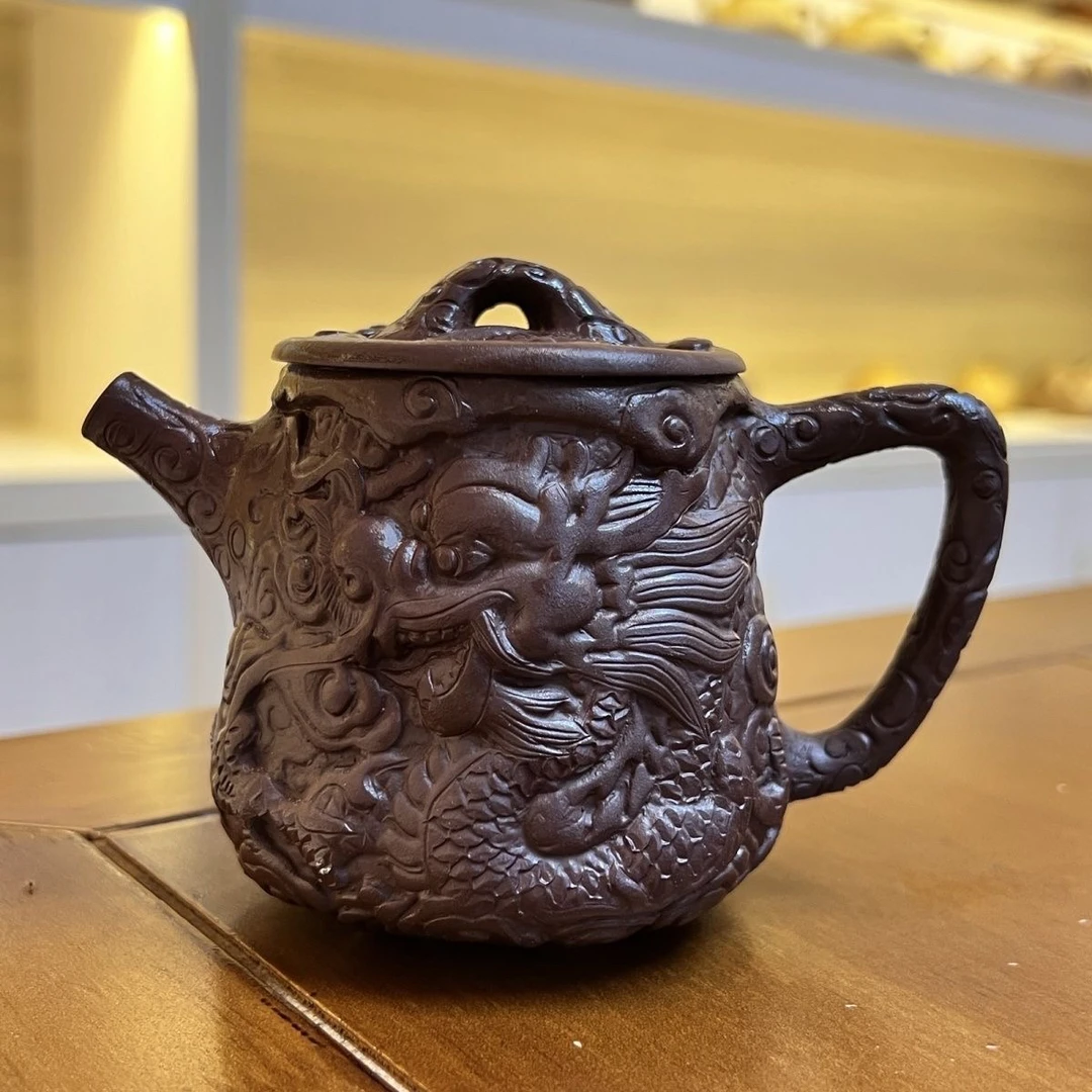 宜兴原矿紫泥高瓢鲤鱼跃龙门手工茶壶容量200C C内推孔