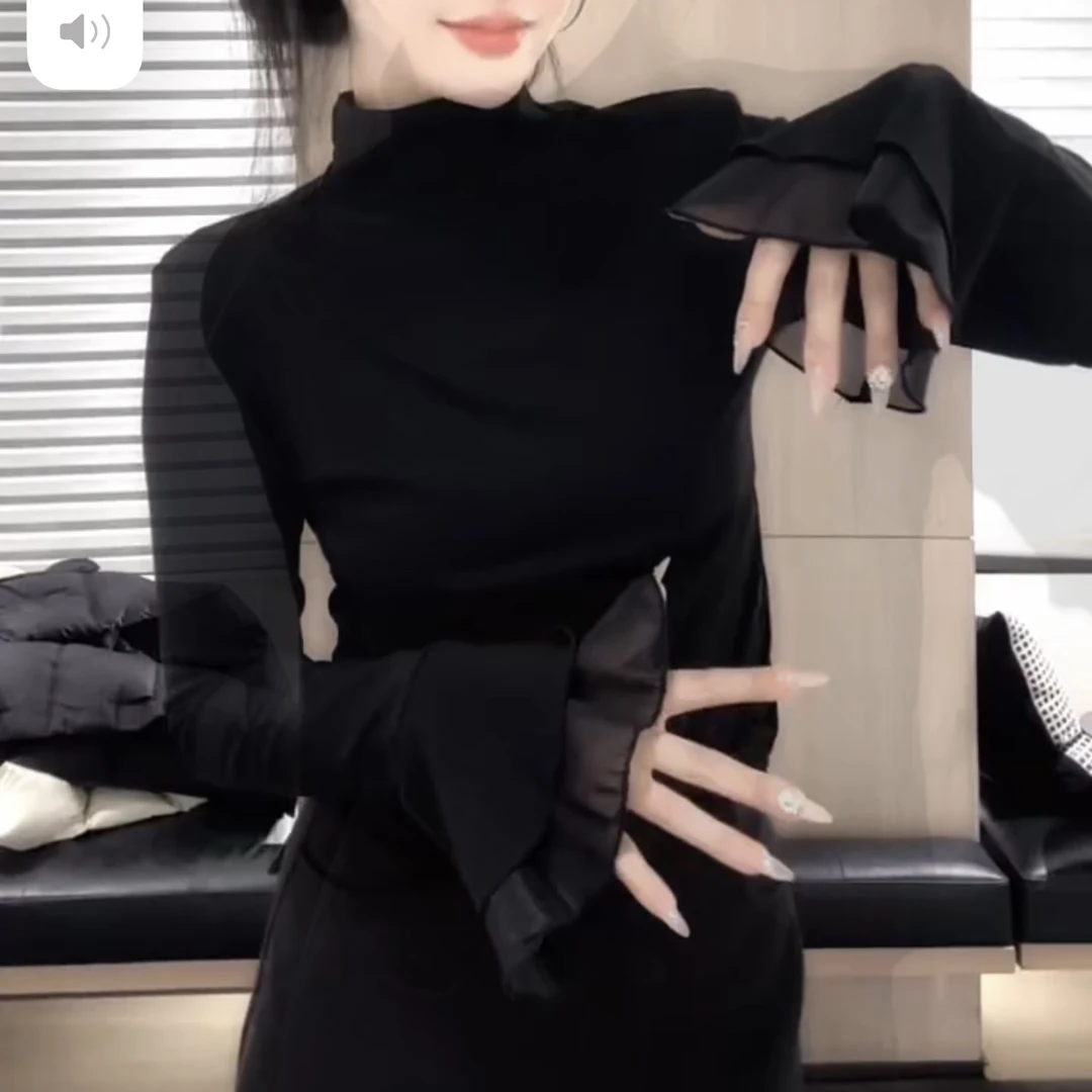 优雅喇叭袖半高领打底衫女修身显瘦轻熟风