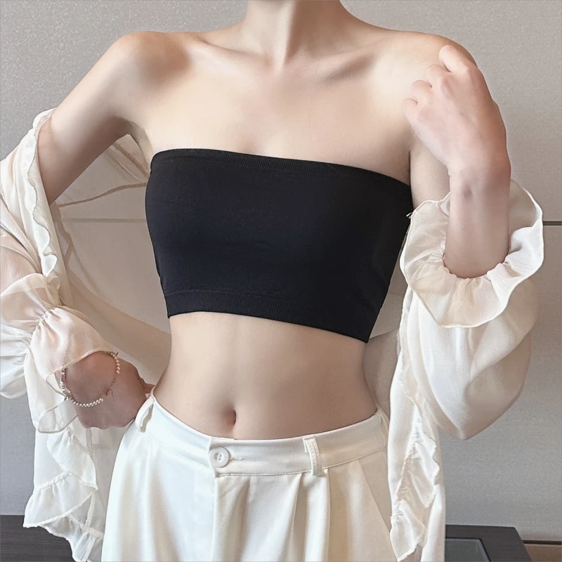 黑色防滑一片式抹胸防走光遮胸夏季少女裹胸打底无肩带内搭薄款夏