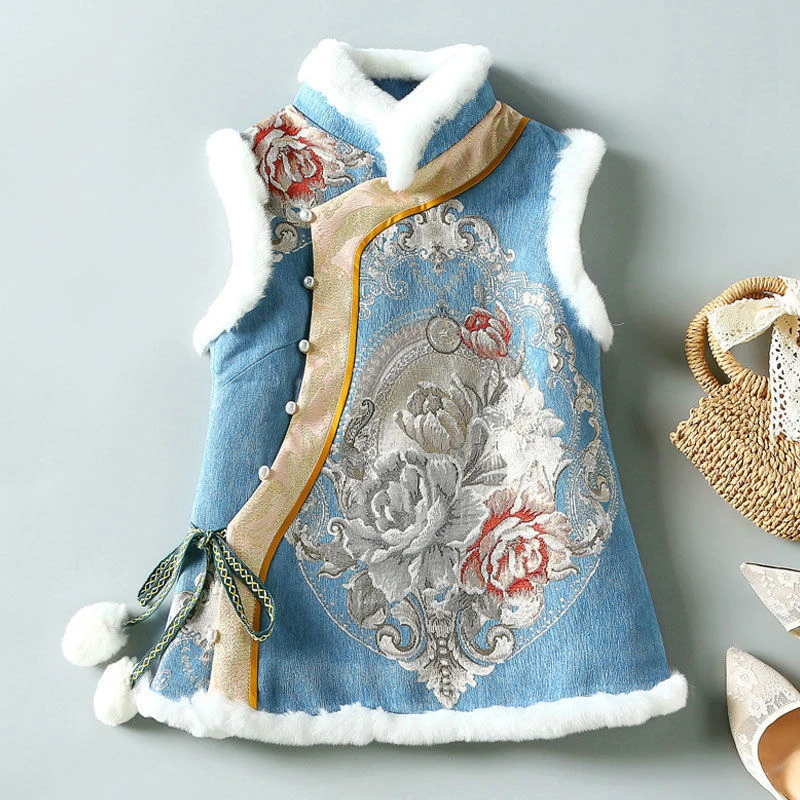 优质冬季国风唐装加厚复古民国风中式旗袍式马甲盘扣夹棉上衣