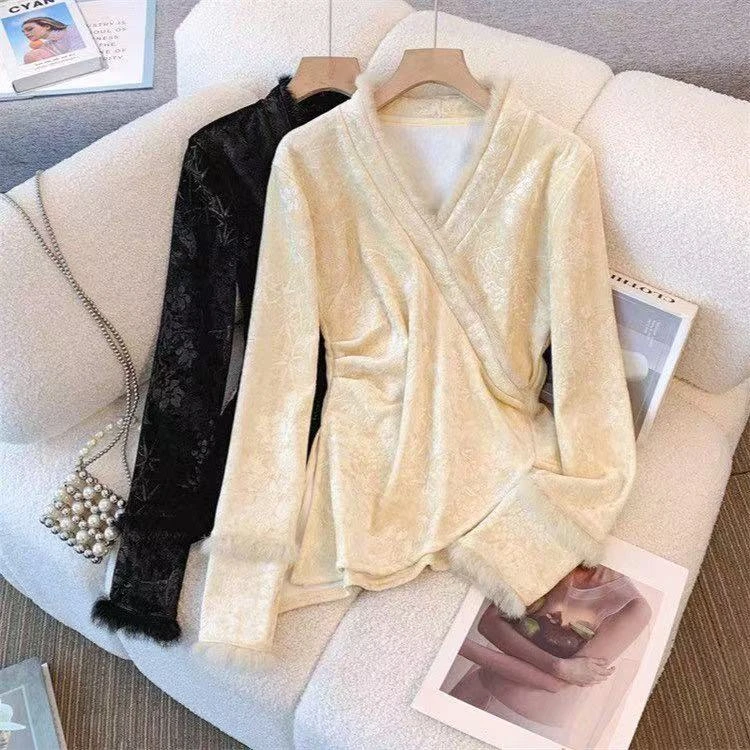 【甜橙微醺】新中式浮雕花加绒加厚显瘦真毛打底上衣内搭