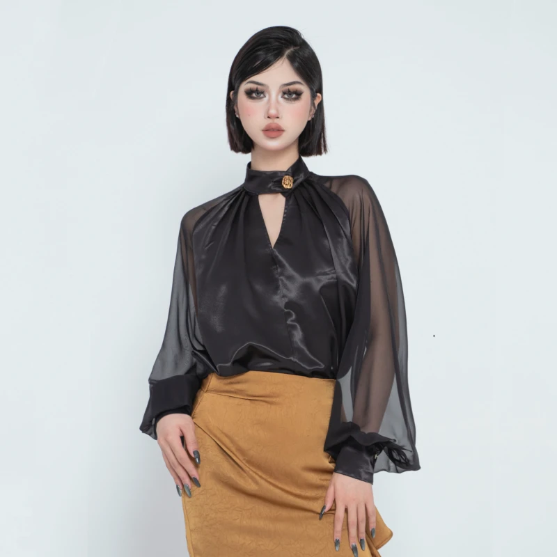 PUNK RAVE新款气质长袖复古法式设计感缎面拼接雪纺衫PY-801