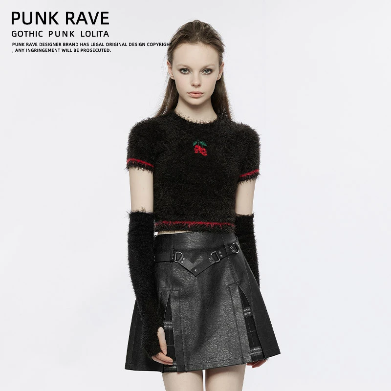 PUNK RAVE少女风小鬼头樱桃提花圆领短款针织衫（附赠袖套）OTM-002