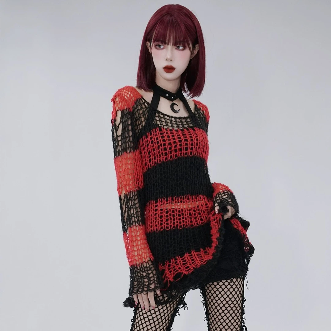 PUNK RAVE朋克条纹拼色圆领时尚百搭街头长袖性感破洞毛衣PM-004