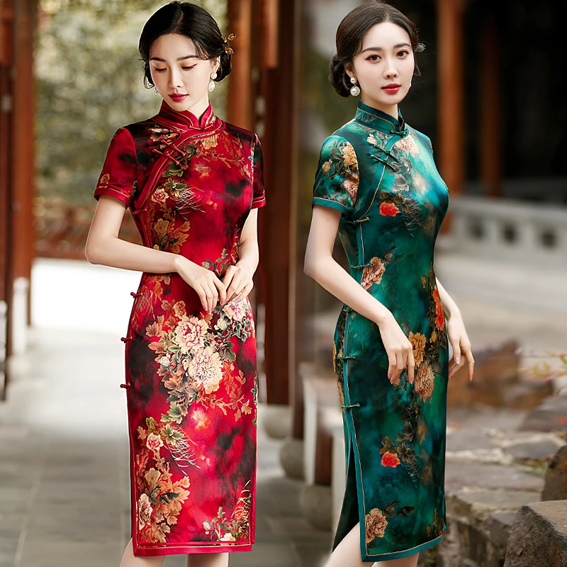 L132手工高端真丝桑蚕丝送考改良旗袍妈妈复古国风连衣裙绿色