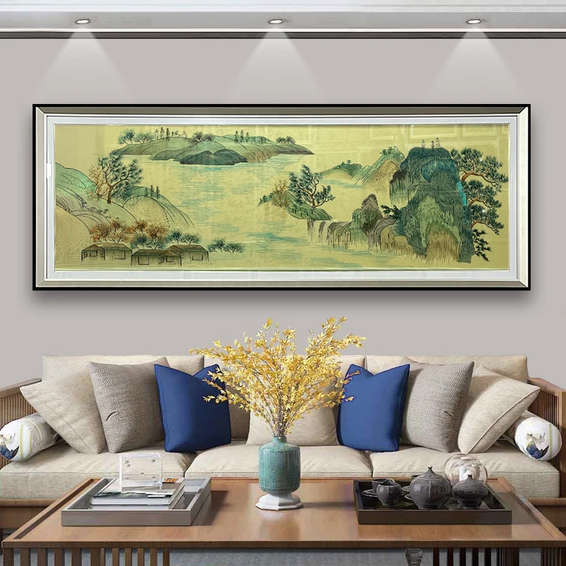 秀美河山刺绣客厅新中式装饰画织锦绣挂画山水高级横版挂画
