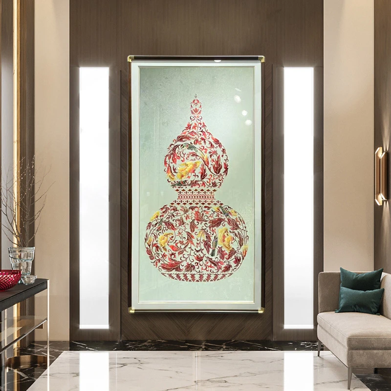 福禄平安新中式玄关过道装饰画织锦绣葫芦竖版刺绣挂画