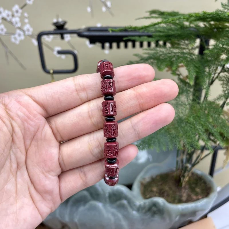 辰砂（处理）手链 紫金色六字款桶珠手串