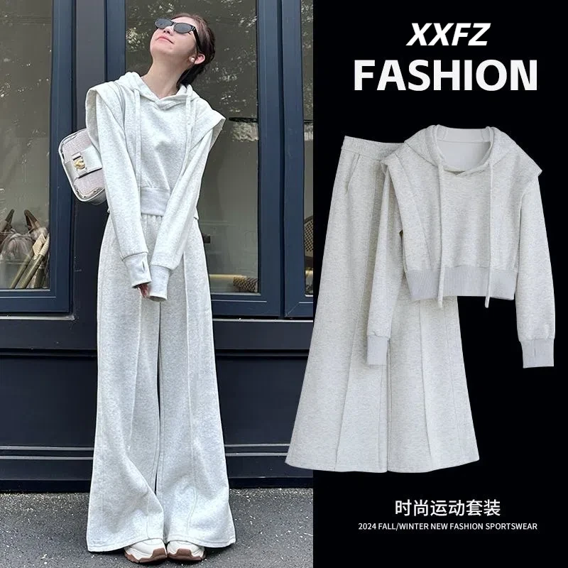 入秋穿搭一整套女韩系休闲风假两件花灰色宽松显瘦阔腿裤两件套装