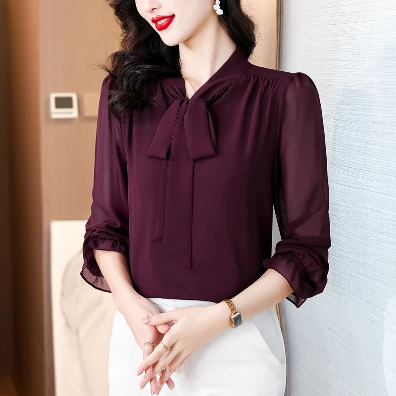 早秋纯色小众时尚显瘦法式气质时尚优雅飘带V领长袖乔其纱衬衫女