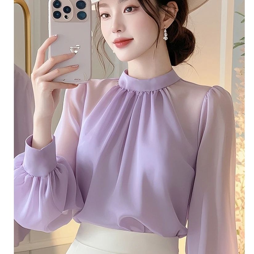 早秋纯色洋气韩系气质通勤减龄雪纺上衣女纯色设计感百搭长袖衬衫