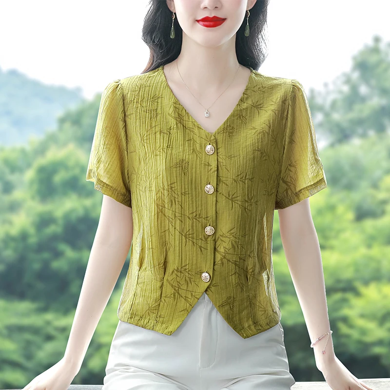 法式V领气质百搭显瘦减龄时尚夏季中年上衣短款洋气女士短袖小衫