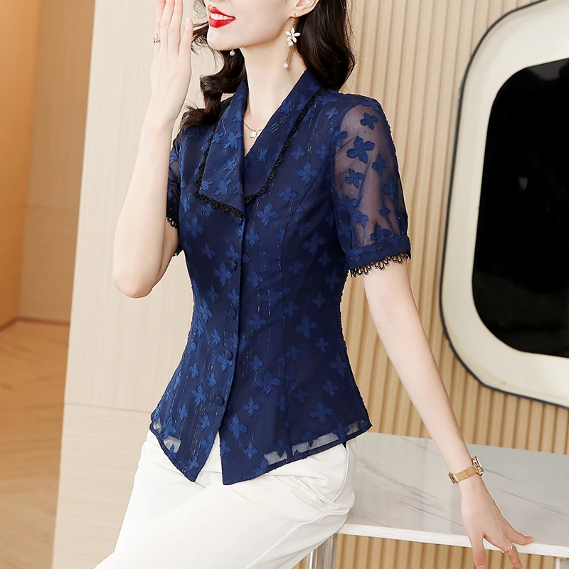 夏季翻领新款短袖气质雪纺衫显瘦法式收腰上衣女衬衣百搭韩版衬衫