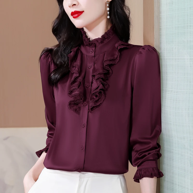 2024新款秋季荷叶边缎面立领衬衫女长袖气质港味木耳边设计感上衣