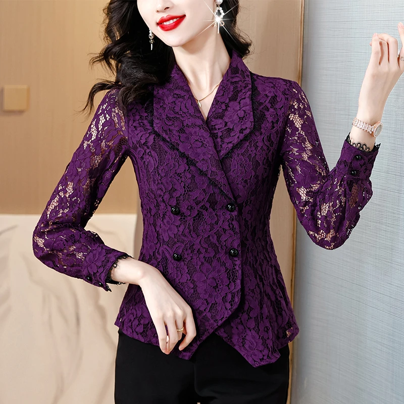 春秋新款西装领气质蕾丝显瘦百搭收腰小众衬衫长袖修身洋气上衣女