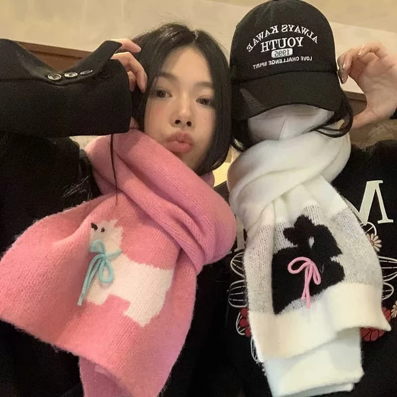 2024新款可爱蝴蝶结兔子针织围巾冬季限定款保暖围巾卡通针织围巾