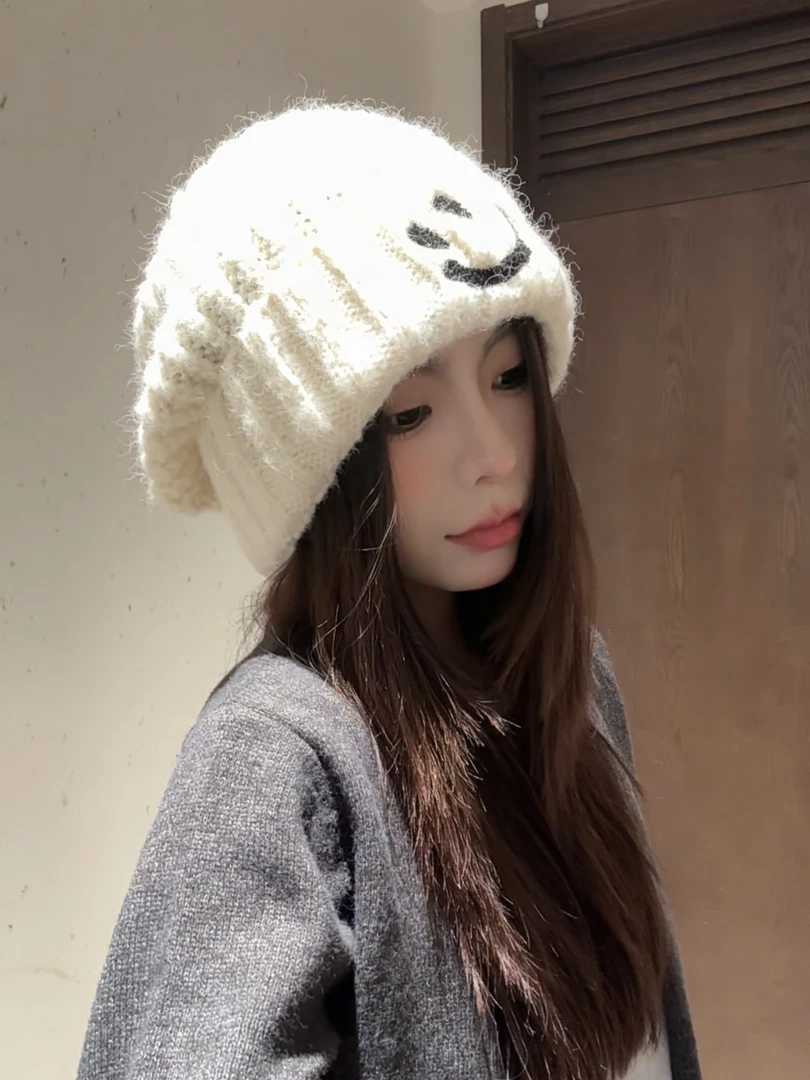 笑脸针织帽日常传递心情多巴胺色系加厚女男冷帽冬护耳包头网红