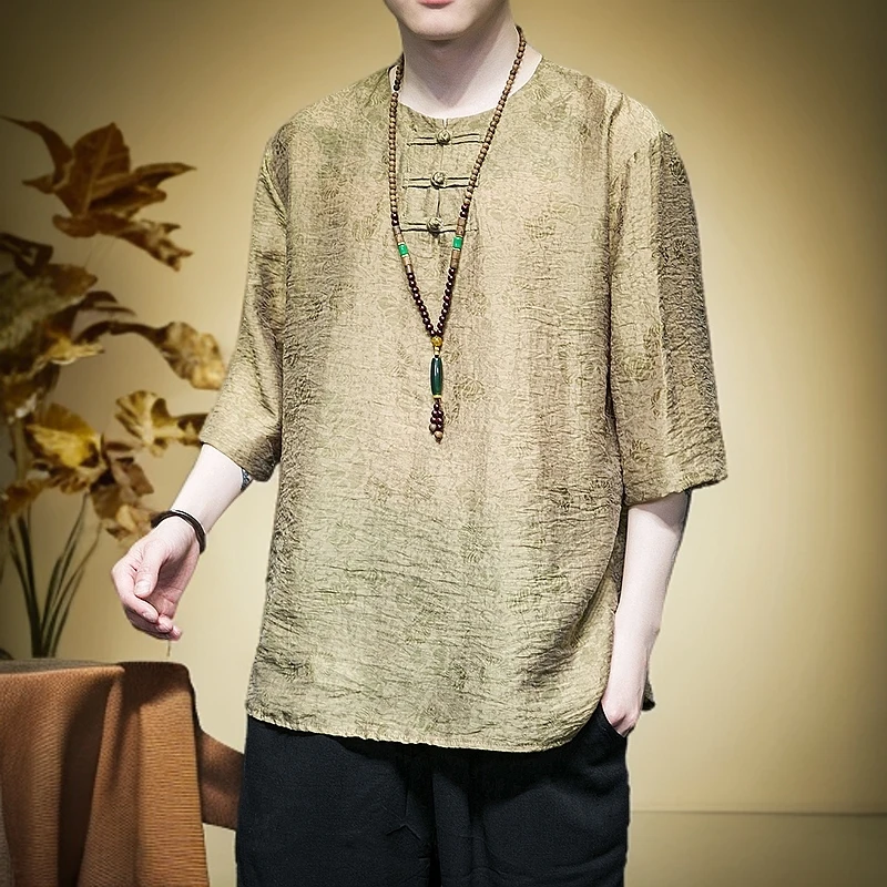 复古冰丝汉服中国风夏季薄款亚短袖T恤男宽松大码五分袖体恤男