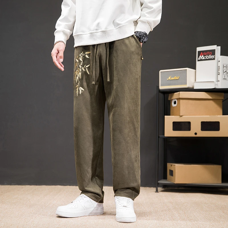 秋冬中国风刺绣复古麂绒皮休闲裤青年大码宽松直筒长裤哈伦萝卜裤