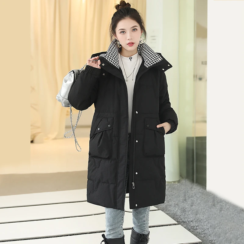 棉服女中长款2024新款连帽立领加厚韩版宽松长款过膝棉衣冬装外套