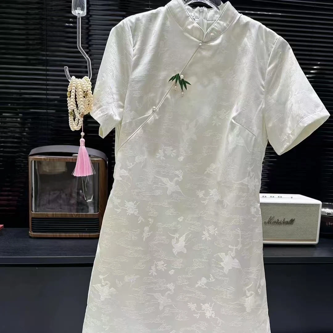 叶赫那拉【白月光】短袖小立领旗袍连衣裙白色时尚旗袍裙气质中国风