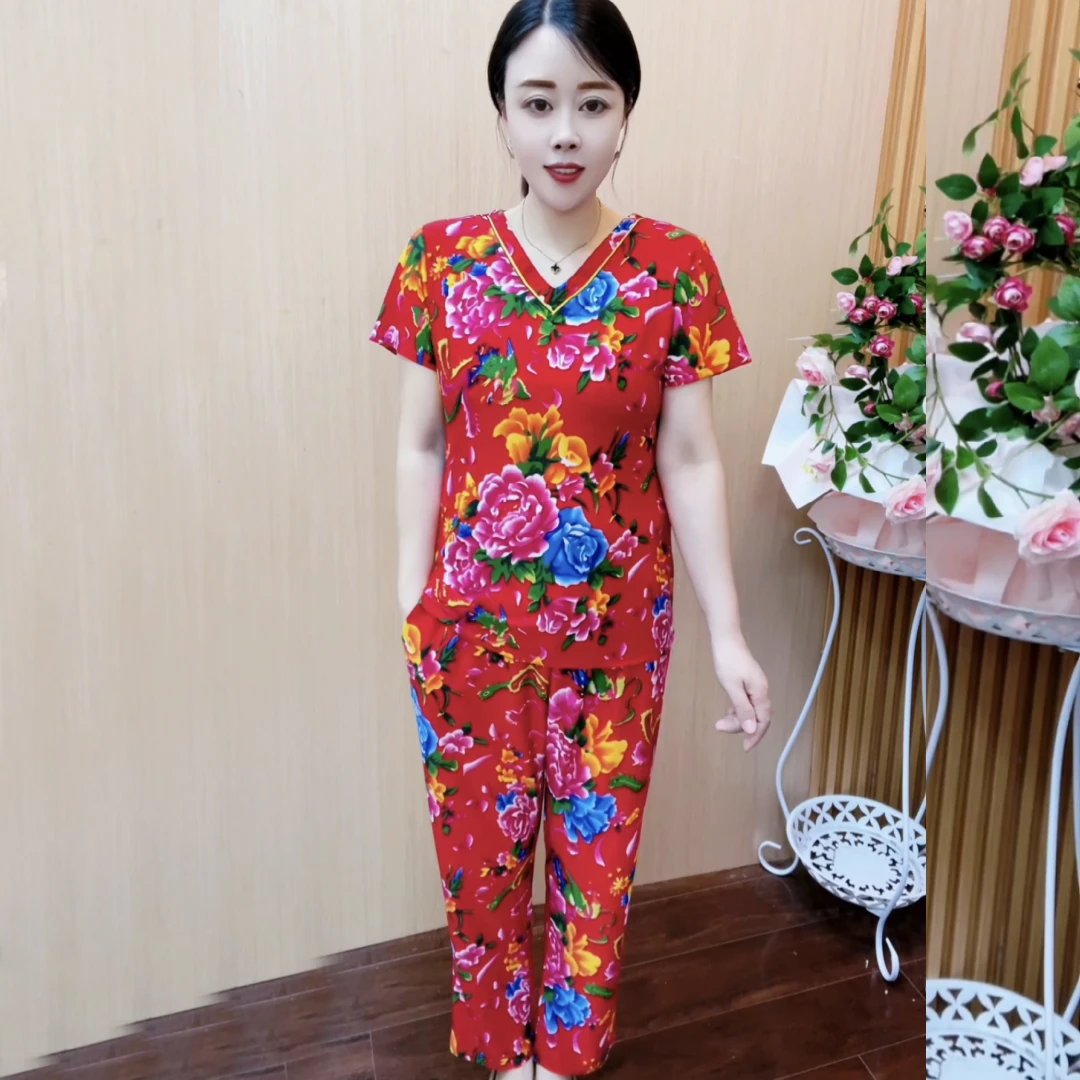 夏季东北大花中国风女士中老年妈妈装短袖民族风网红印花复古套装
