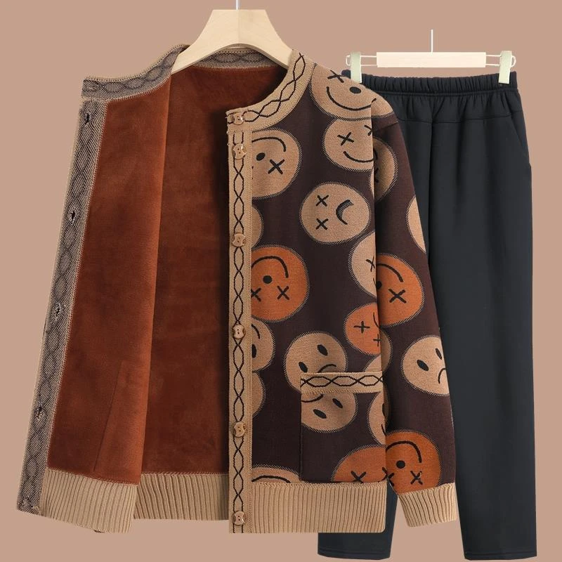 雅鹿优选中老年人冬装女奶奶秋冬毛衣外套加绒加厚妈妈开衫老太太