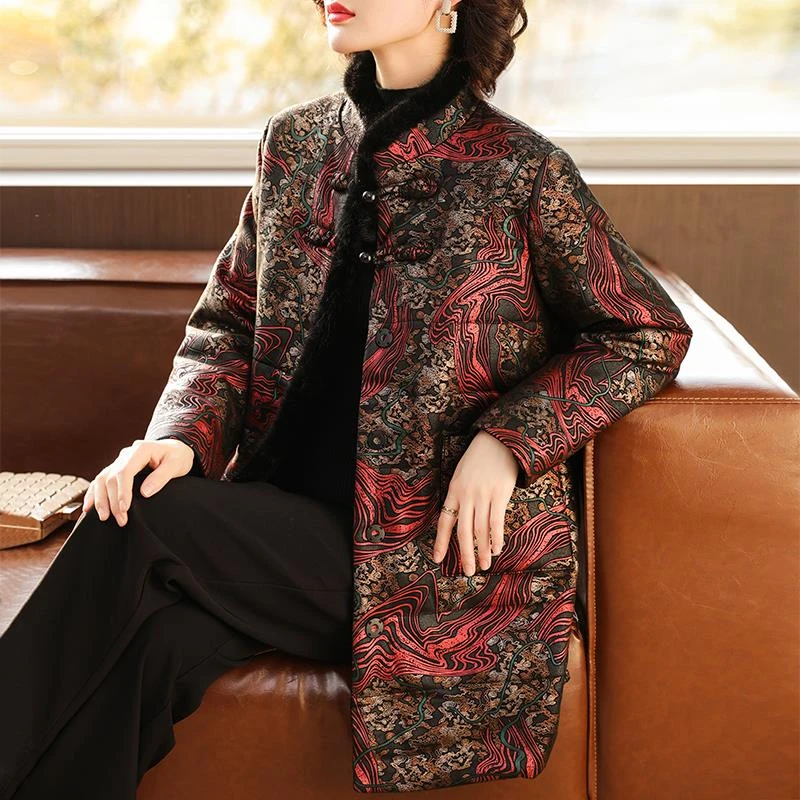 雅鹿优选民族风妈妈外套冬装洋气中长款加绒加厚大衣中老年女装