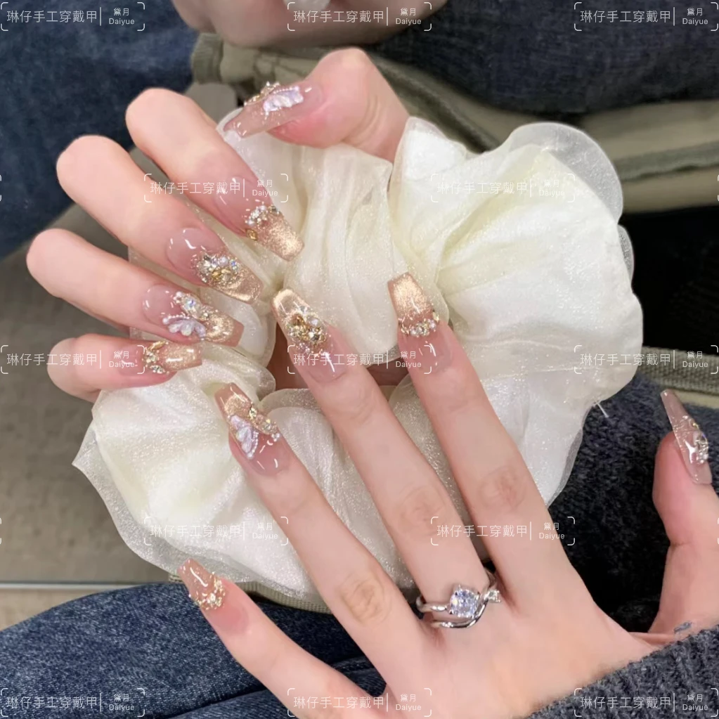 烫金蝴蝶纯手工光疗美甲贴果冻贴片指甲穿戴甲简约梯形重复使用