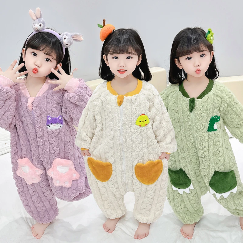 儿童法兰绒睡袋秋冬季加厚保暖防踢被珊瑚绒家居服男宝宝连体睡衣