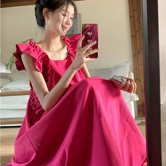 孕妇装夏季连衣裙法式木耳边小飞袖连衣裙夏宽松高级感玫红色长裙