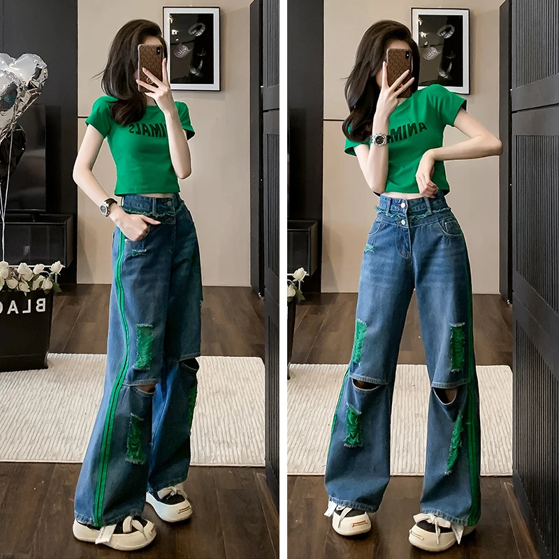 2025套装女夏季新款洋气休闲显瘦绿色T恤上衣破洞牛仔裤子两件套
