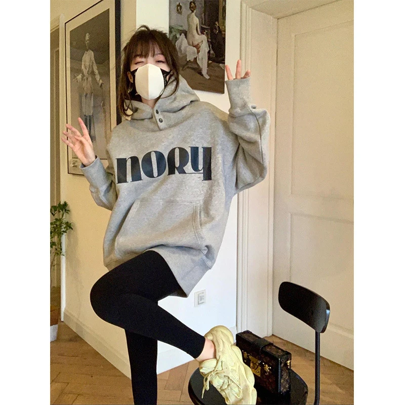 灰色中长款连帽遮屁股卫衣加绒加厚保暖女装新款秋冬季休闲百搭