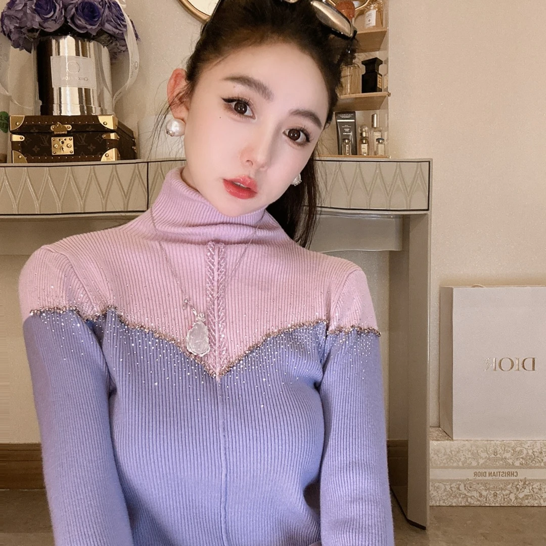 田娇baby 拼接色亮钻长袖针织衫时尚显瘦洋气百搭秋冬内搭高级