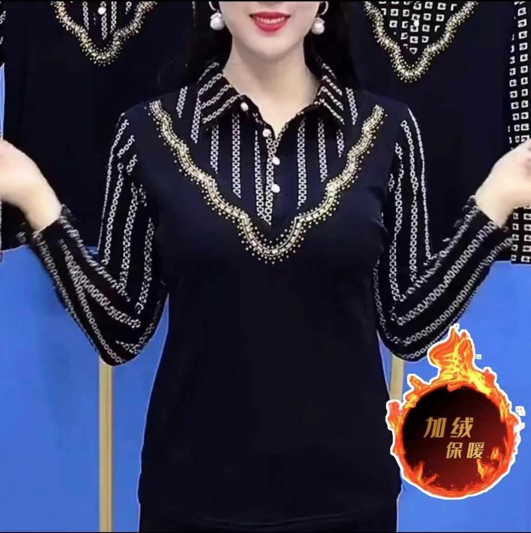 妈妈冬装2023年新款假两件衬衣长袖加绒加厚保暖中老年女装打底衫