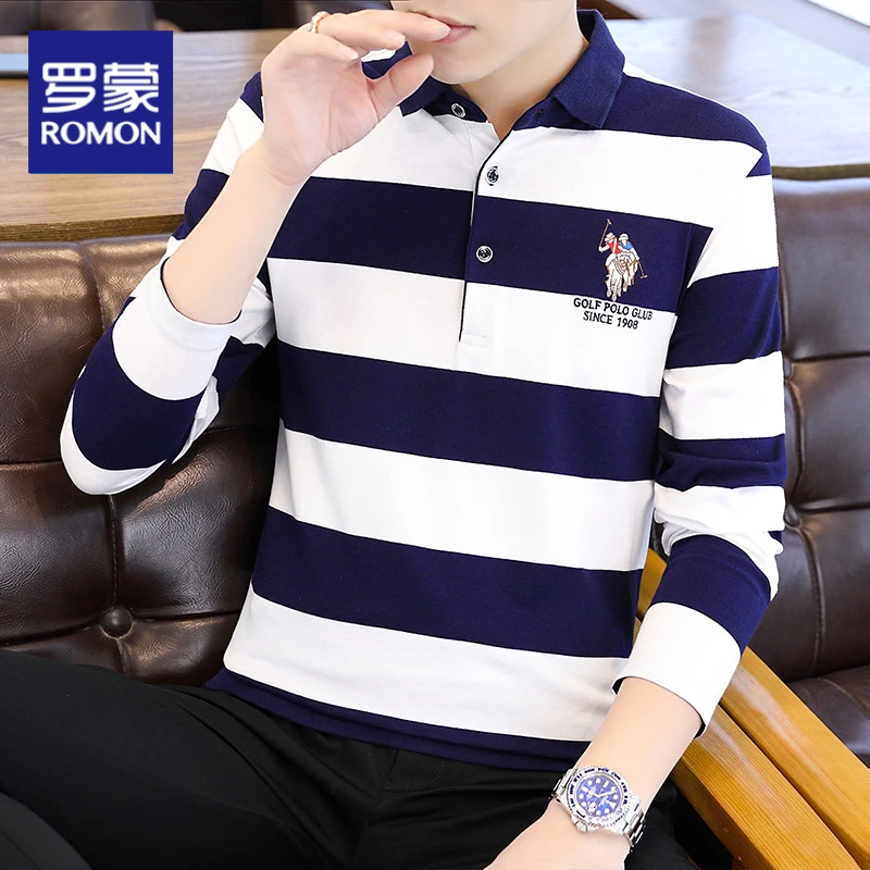 罗蒙条纹长袖T恤男士2025新款修身休闲时尚纯棉刺绣POLO衫男款