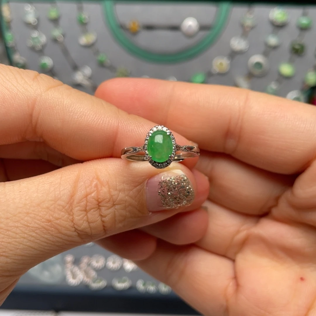 翡翠戒指银S925镶嵌蜜***唄纯天然缅甸翡翠