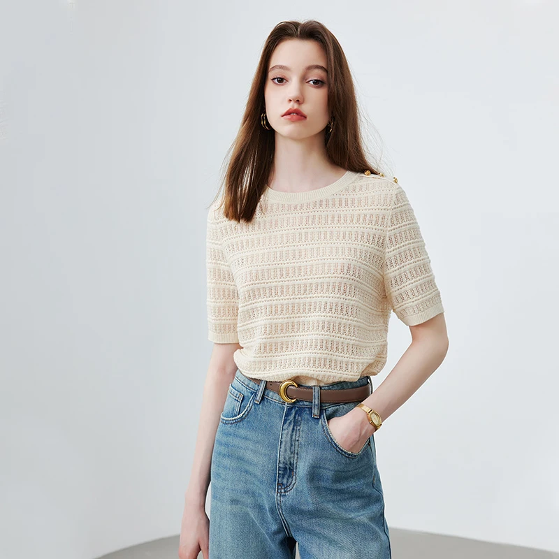 【绵羊毛】毛衣女短袖针织衫kbne2024夏季新款镂空法式毛衣针织衫