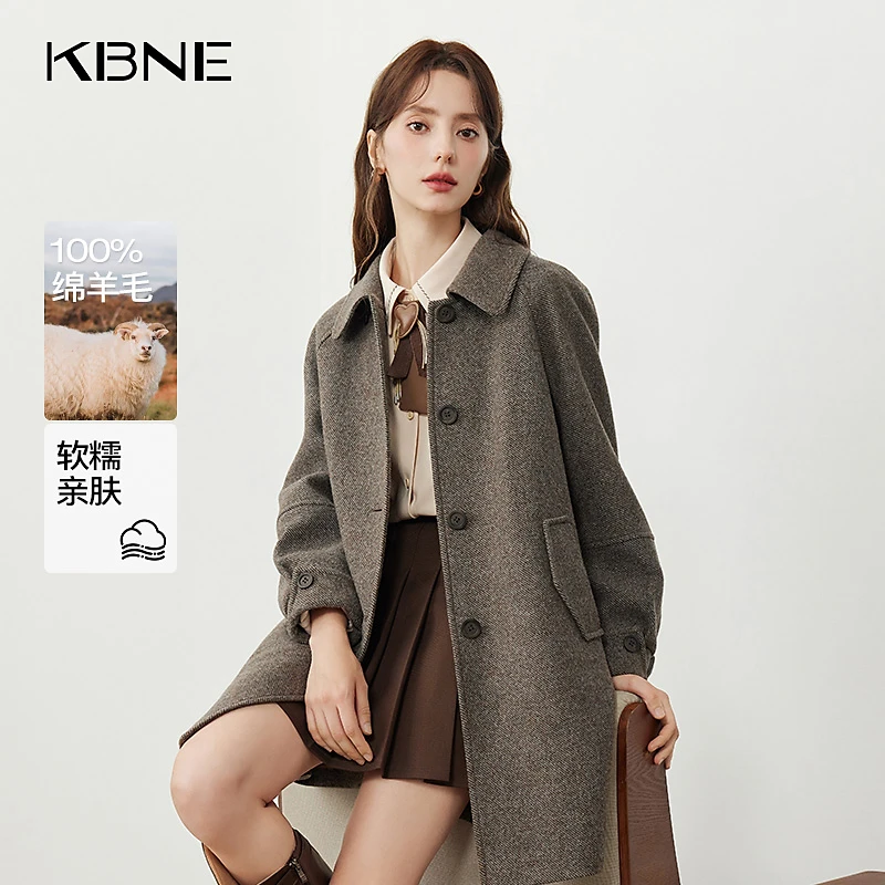 KBNE毛呢大衣女款爆款2025新款彩色格纹中长款英伦风大衣小个子
