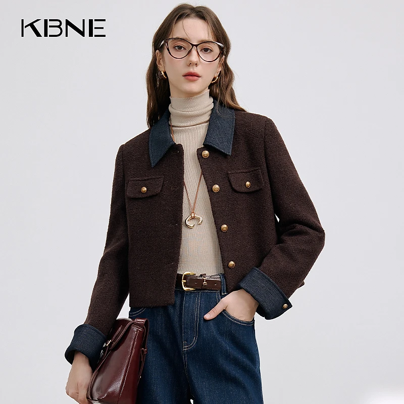 KBNE外套女秋冬新款2025爆款短款复古牛仔拼接撞色毛呢外套百搭